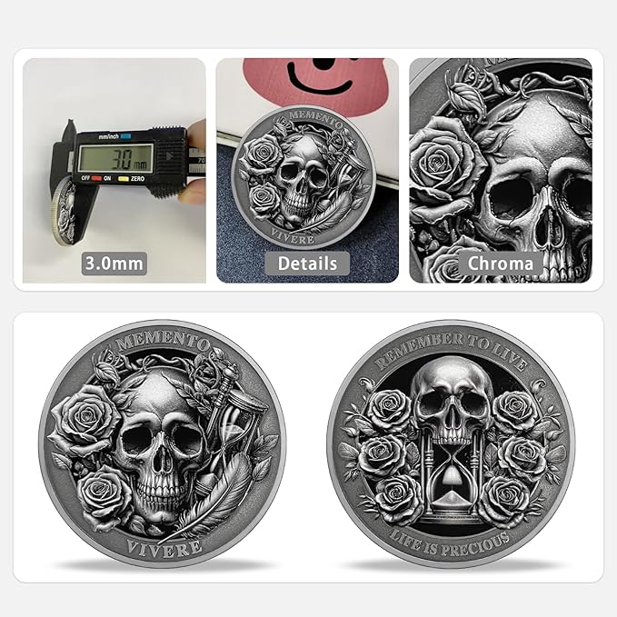AtSKnSK Memento Mori Coin Momento Mori Coin Skull Coin Stoic Gifts Memento Mori Calendar Living Memento Mori Amor Fati Coin (Memento Mori Coin - 1)