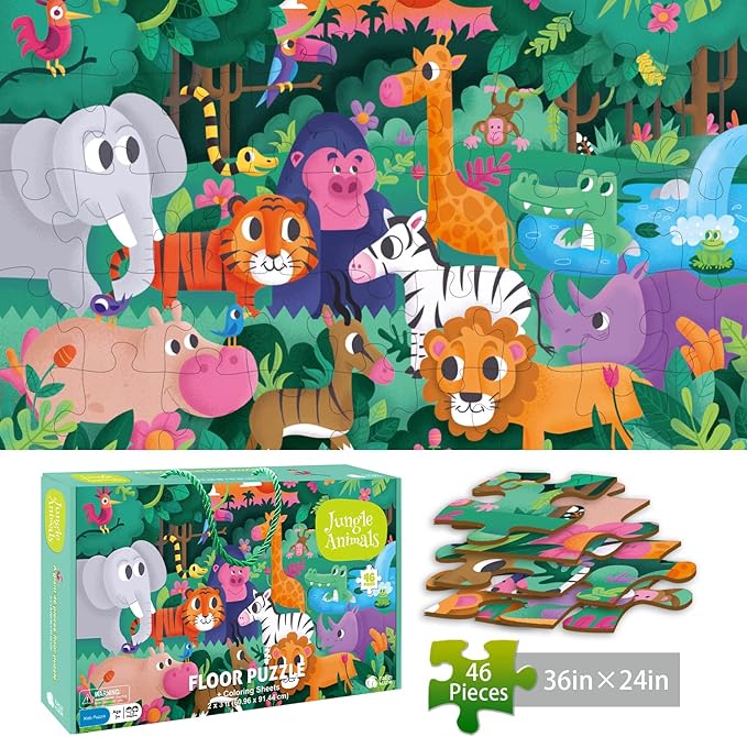 TAOZI&LIZHI Puzzles for Kids Ages 4-6, 6-8, Jungle Animals Toddler Puzzle Age 2-4, Jigsaw Floor Puzzles for Kids Ages 3-5, Puzzles Gifts Toys for Boys Girls Children (46 pcs, 2 x 3 feet)