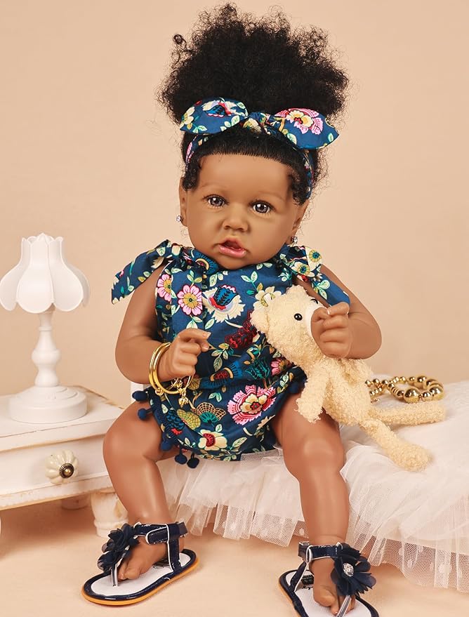 HOOMAI Reborn Baby Black Dolls African American Lifelike Silicone Doll Realistic 22.8 Inch with Cloth Body Birthday Gift Set for Ages 3+