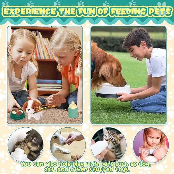 TEUVO Pet Care Play Set Robot Dog Toys for Kids, 12Pcs Kids Pretend Play Feeding Walk Bark Puppy Pet Toys with Interactive Electric Dog Plush & Cage, Xmas Gifts for Girls Toddlers 3 4 5 6 7 Years Old
