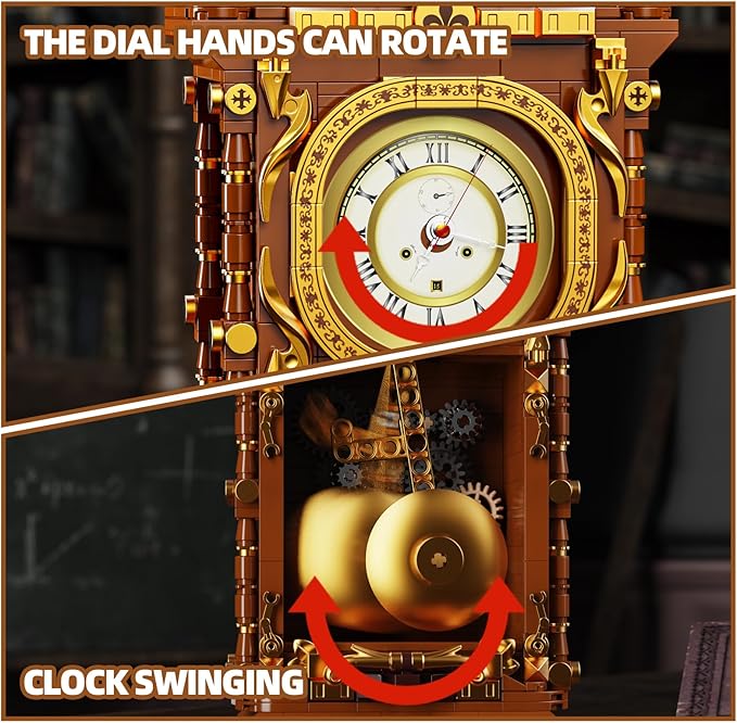 Retro Pendulum Clock Building Block Set,A Toy with Real Clock Function and Linked Mechanical Pendulum,Better Gift for Adults Teens Kids