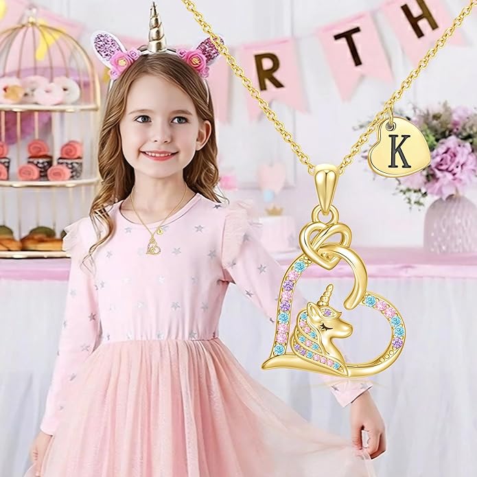C-leen Unicorn Necklaces Gifts for Girls, 14K Gold Plated Colorful CZ Heart Initial Pendant Unicorn Necklaces for Girls Teens Jewelry Birthday Gifts