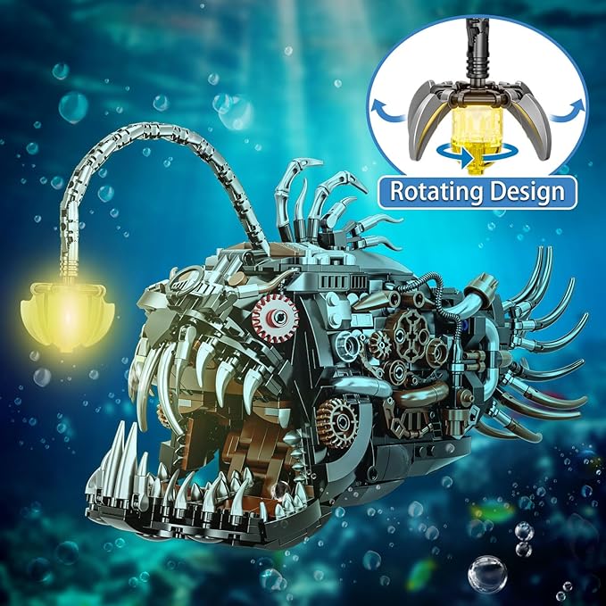 Mechanical Lantern Fish Building Sets for Adults, Compatible with Lego, Creative Ocean Animal Toy for Home Office Decor, STEM Gift for Boys 8-14