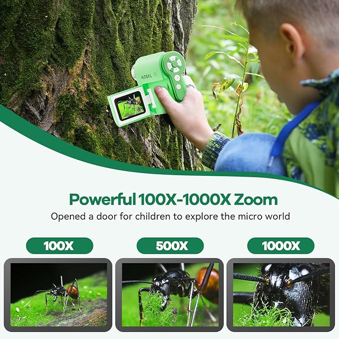 HP20 IPS Microscope for Kids: [3-in-1] [Easy and Fun] 2" Portable Handheld Microscope Miniscope, Pocket Mini Scope Educational Science Kit, Christmas Birthday Gifts for Kids, 32GB, Green