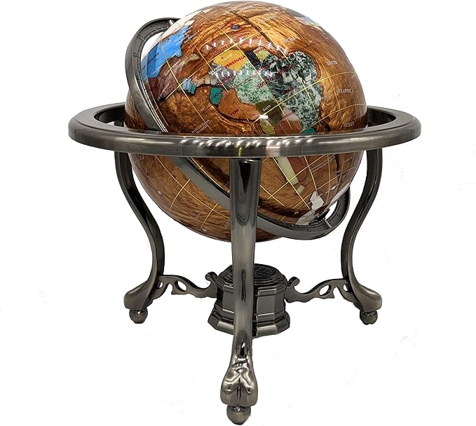 unique art since 1996 Limited Edition! unique art since 1996 Amber Pearl Swirl Table Top Gemstone World Globe with Tripod Silver Zinc Alloy Stand (220MM/9 INCHES/Amber Ocean)
