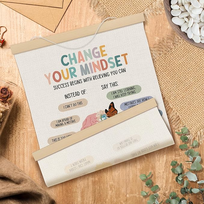 MOTERMATE Boho Growth Mindset Wall Art Poster, Calming Decor, Motivational Canvas Poster Hanger Frame, Homeschool Mental Health Wall Hanging Banner Decor for Classroom, Calming Corner Items, 12x16Inch