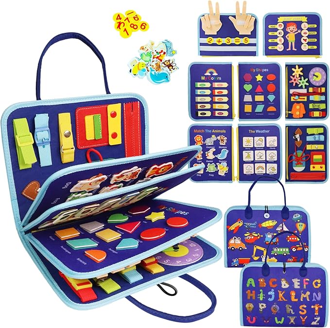 MAJAVI Busy Book for Toddlers 1-3, Montessori Toys Busy Board for 1 2 3 4 Year Old Boy Girl Birthday Gift - 5 in 1 Quiet Activity Book with Life Skills, Cognition, Sorting, Matching, Blue