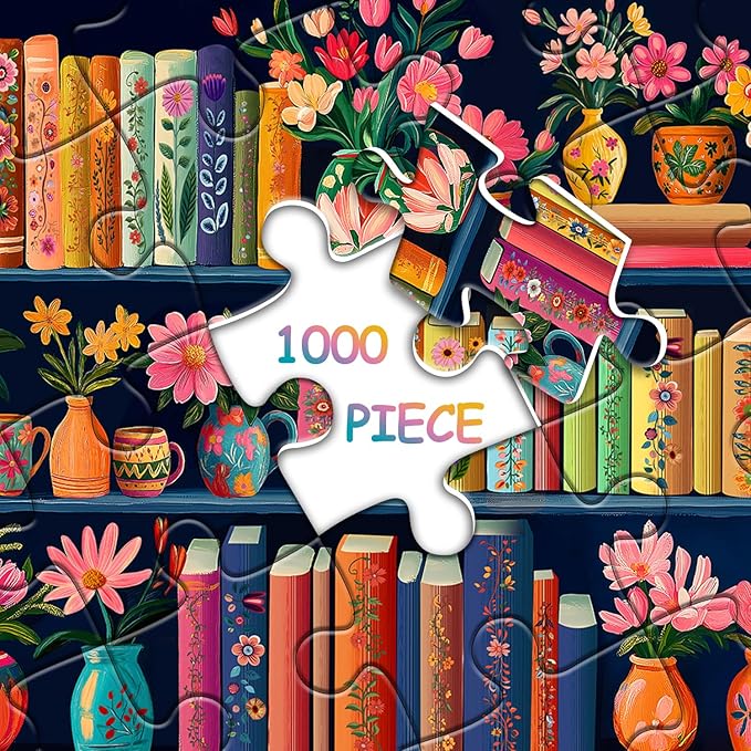 Blooming Bookshelf Jigsaw Puzzles 1000 Pieces, PICKFORU Wildflower Pages Puzzle, Plant Floral Flowers Books Literary Themed, Colorful Art Library Impossible Challenging Puzzles for Adults