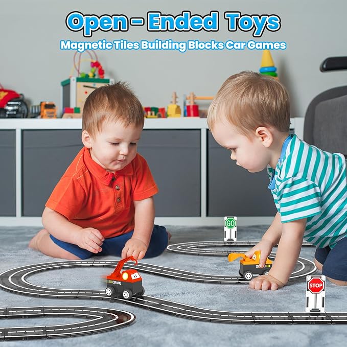 Magnetic Tiles Roads Engineering Vehicle Set, Magnetic Blocks Road Truck Car Toys for 3 4 5 6 Year Old Boys Girls, Cars Games Classroom Montessori Toys for Kids, Educational STEM Toy Birthday Gifts