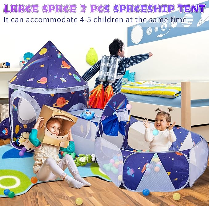 3pc Space Ship Kids Play Tent, Crawl Tunnel, Ball Pit for Toddlers, Indoor Outdoor Playhouse Castle Toys, Baby Boys Girls for 3 4 5 6 7 Years Old (Balls Not Included)