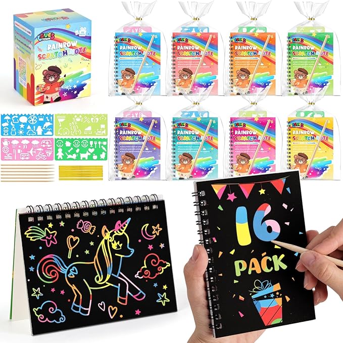 LovesTown Scratch Art Party Favors for Kids, 16 Pack Rainbow Magic Drawing Notebooks Bulk for Birthday Classroom Prizes, Kids Craft School Supplies