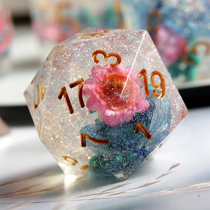 Flower Resin DND Dice, DNDND Handmade Sharp Edge D&D Die with Gift Case for D&D Dungeons and Dragon Tabletop Games (Matt Pink)