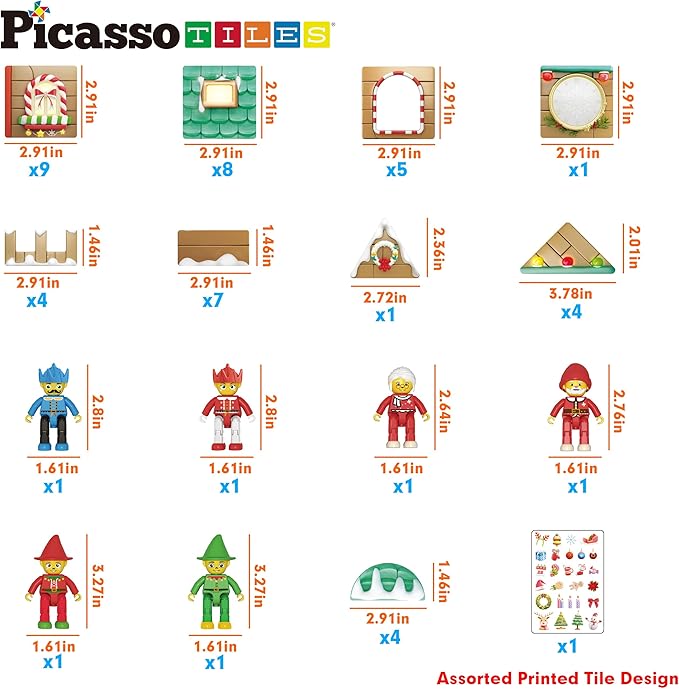PicassoTiles Magnetic Tile Christmas Holidays Cottage Building Set with Santa Elves Nutcracker 6 Character Figures STEM Educational Construction Toy Winter Magnet Block Gift for Kids Age 3 Plus PTQ08