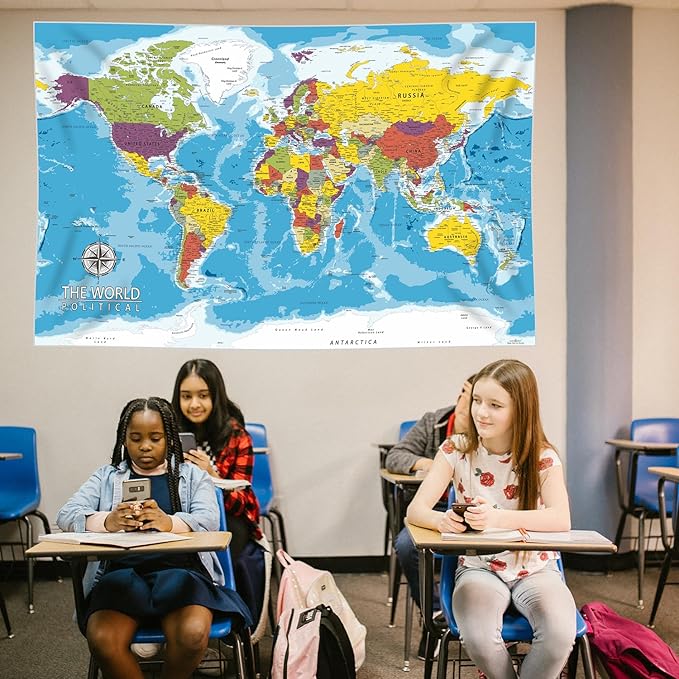 PARTH IMPEX Large World Map for Wall - 36" x 56" Huge Educational Learning Poster for Classroom, Washable Fabric Tapestry, Aesthetic School Supplies, Hanging Banner for Travel Room Decor