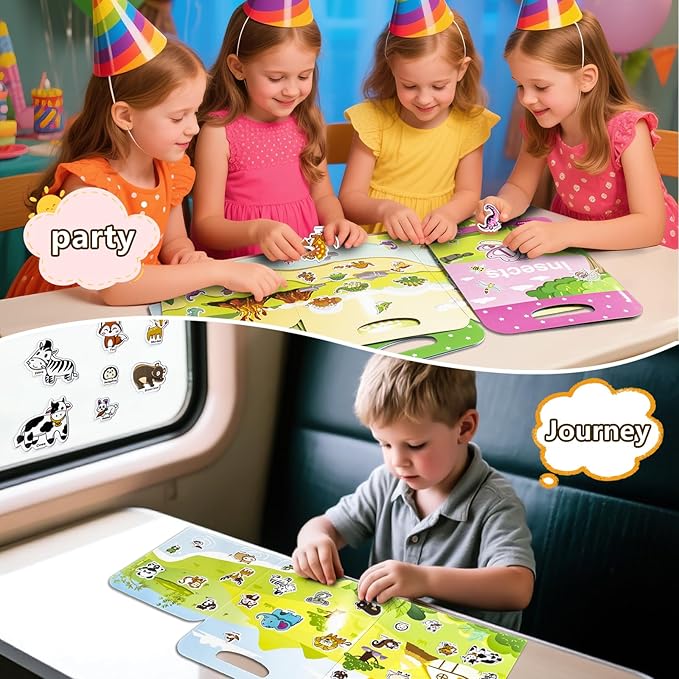 3 Pack Reusable Sticker Books for Kids, Waterproof Puffy Stickers - Match the Shape and DIY Scene, Toddler Travel Essential Quiet Time Activities Toys - Dinosaur, Animal and Insect (2-6 Age)