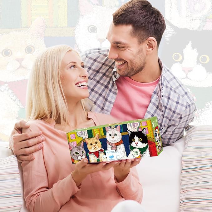MOMIBOOK Puzzles for Adults 1000 Pieces Jigsaw Puzzles of Cat Meow Birthday Party, Painting Image Animal Difficult Challenging Hard Impossible Puzzle Unique Funny Party Christmas Birthday Gifts