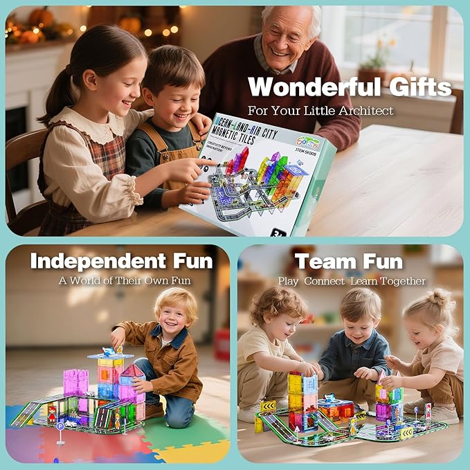 121PCS Magnetic Tiles Road Set with Pullback Cars. Magnet Tiles for Building Construction Toys with Ship, Airplane, Traffic Sign, STEM Magnetic Tiles for Kids Ages 4-8, Educational Gifts for Ages 3+