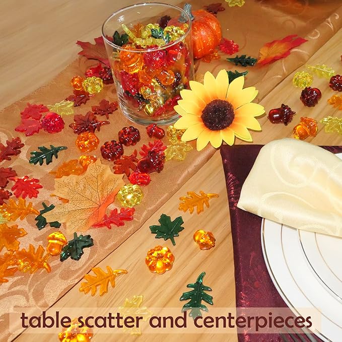 Fall Vase Filler,165 Pcs Acrylic Pumpkin Leaves Acorn Gems Sensory Bin Fillers for Thanksgiving Centerpieces Table Decorations,Table Scatters,Preschool Counting and Thanksgiving Craft