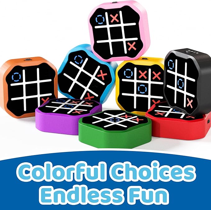 4-in-1 Rechargeable Electronic Tic Tac Toe Game – Handheld Travel Toy with Memory & Whack-a-Mole, Silent Mode, Fun for Kids & Adults, Ages 3+, Blue
