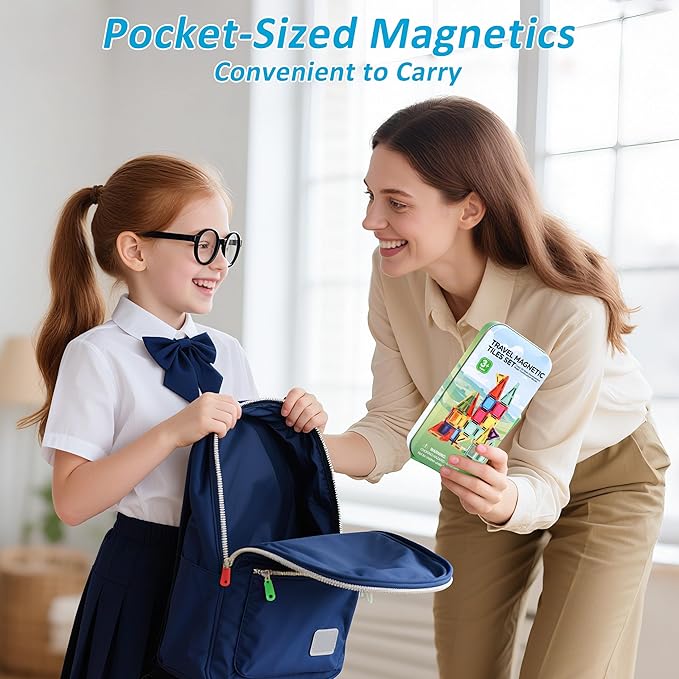 Mini Magnetic Tiles Toddler Travel Toys with Iron Box, STEM Educational Travel Set Building Toys for Kids, Travel Essential Portable Building Toys for Toddlers, Boys Girls Christmas Birthday Gift