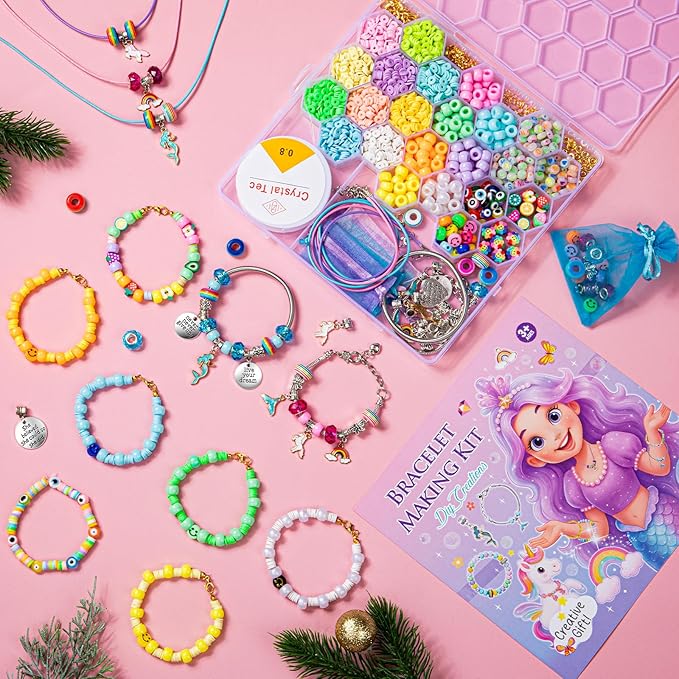 Taybonds Bracelet Making Kit for Girls Ages 4-12, 2200+ Beads Jewelry Craft Set with Charms, Unicorn Mermaid Pendants, Alphabet Beads, DIY Necklace Bracelet Kit Gift for Kids
