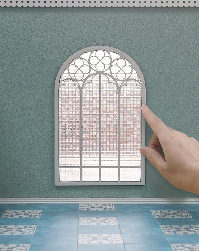 iLAND 1/12 Scale Accessories of Dollhouse Window, Wooden DIY Dollhouse Building Supplies, Complete Miniature Window Kit w/Wooden Frame & Grid Pattern PVC Film