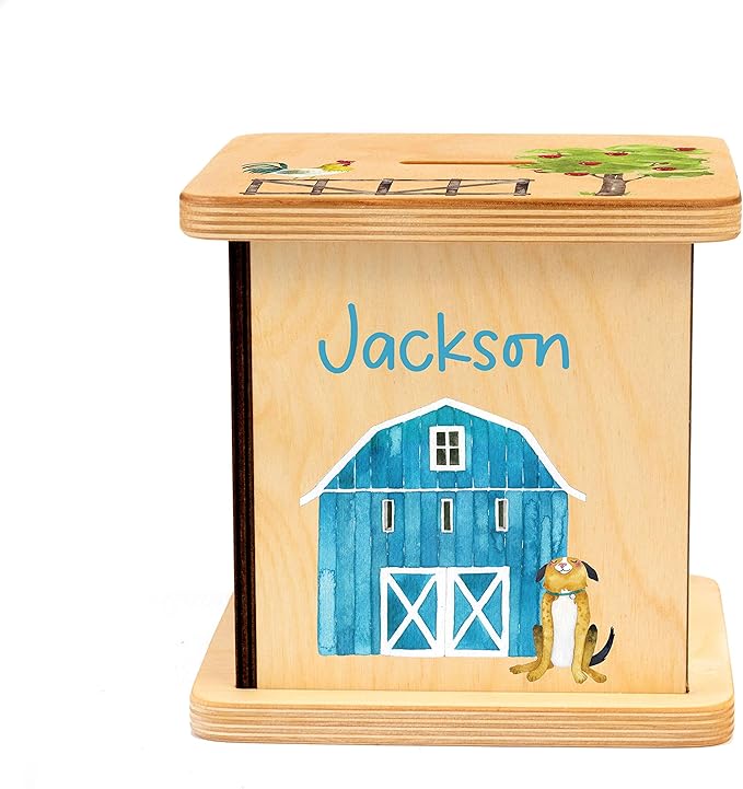 Wooden Piggy Bank for Kids and Adults, Personalized Gift Handmade in USA by BloomOwl, Custom Piggy Bank, Personalized Banks for Kids, Gifts for Baby Boys and Girls (Farm- Blue)