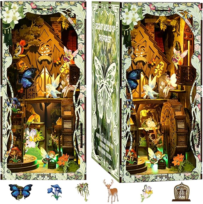 ISSEVE Book Nook Kit, DIY 3D Wooden Puzzle Dollhouse Booknook for Adults, Tiny Miniature House Kit Bookshelf Decor with LED Light and Dust Cover, Gifts for Family and Friends (Forest Secret World)