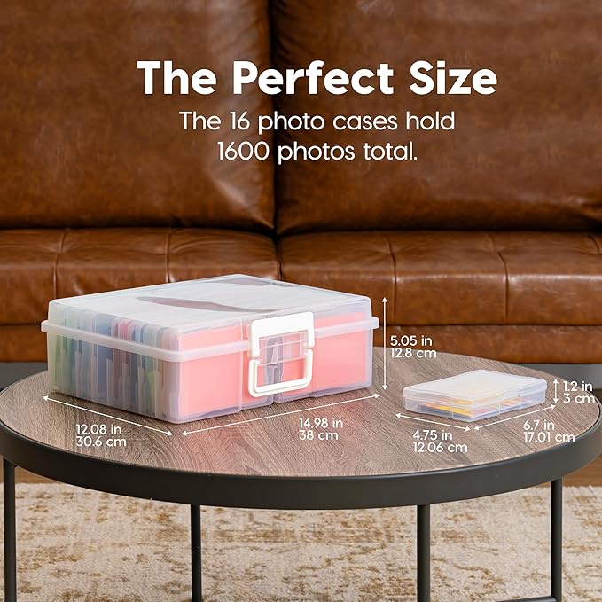 IRIS USA 4" x 6" Photo Storage Box Craft Keeper, Transparent Handle Container with 16 Organization Holder Cases for Pictures, Tasks, Scrapbooking, Stationery Storage, Clear