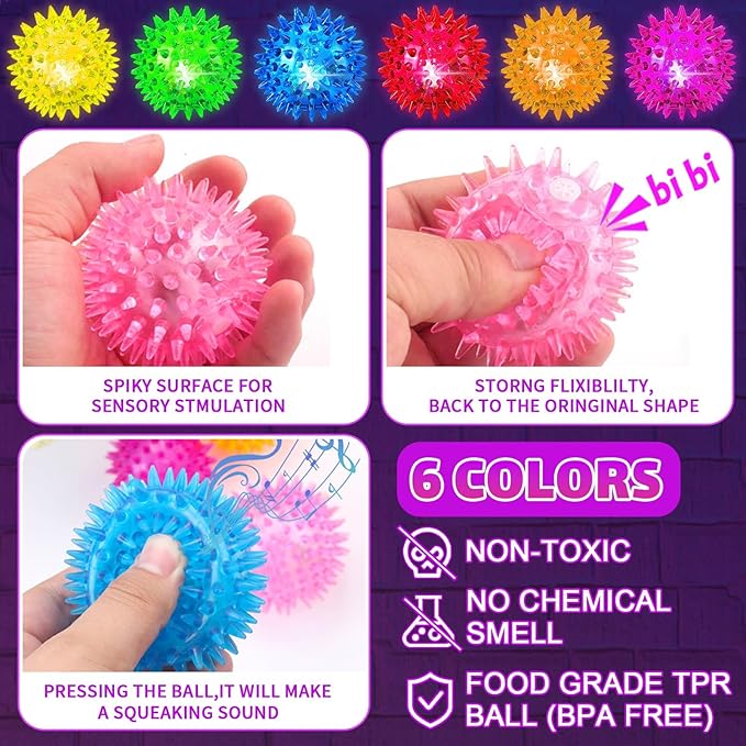 Light Up Sensory Balls - Sensory Toys for Kids with Autism Toys for Kids 3-4 5-7 8-12 Gifts for Teen Boys Girls Spiky Fidget Stress Balls Glow in The Dark Novelty Noisemaker Toys for Parties Favors