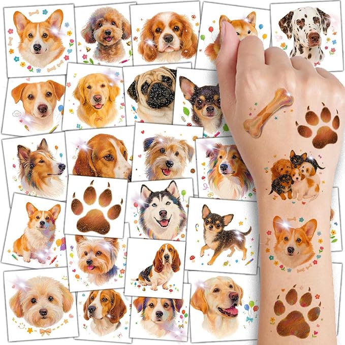 Glitter Dog Temporary Tattoos for Kids - 74 Individually Sheets | Waterproof & Easy Peel | Perfect for Kids Birthday Party Supplies, Dog Lovers, School Rewards