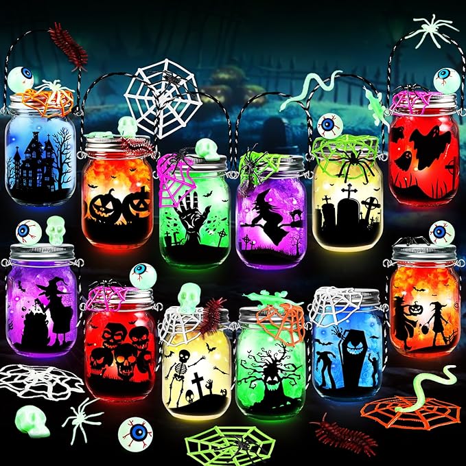 AuroTops Halloween Crafts for Kids,12 Pack Halloween Mason Jar Kit with Accessories for Kids DIY Kits,Party Favors Party Decorations for Classroom Goodie Bags Trick or Treat Toys