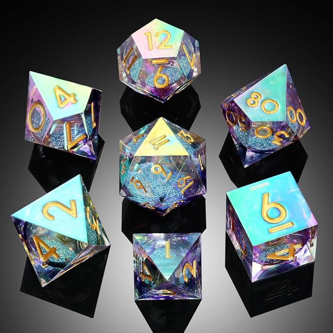 Iridescent Plating Glitter Liquid Core Sharp Dice, DNDND Handmade DND Resin Sharp Edge D&D Die with Gorgeous Gift Case for Dungeons and Dragon Tabletop Games (Iridescent Plating Liquid Core)