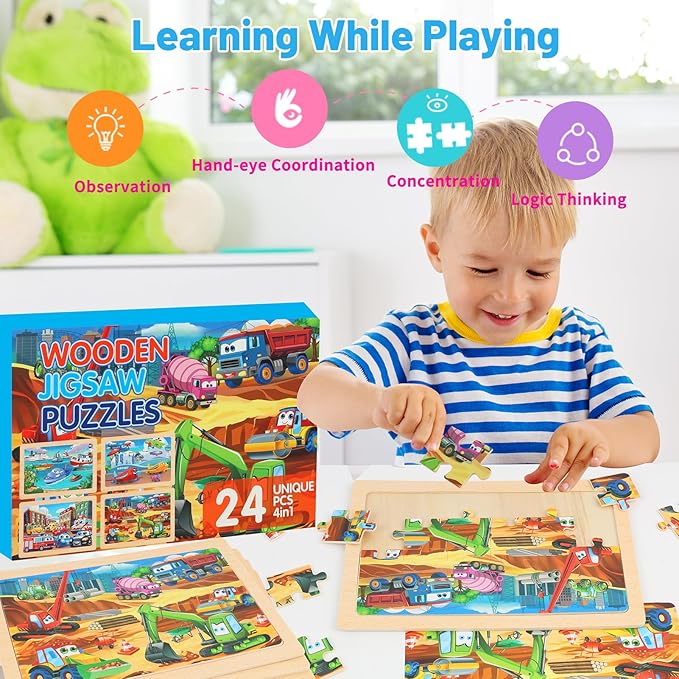 Wooden Puzzles for Kids Ages 4-6, 24 Piece Vehicle Car Construction Jigsaw Puzzles 4 Packs, Preschool Toddlers Learning Activity Puzzles Toys for Boys Girls 3 4 5 6 Years Old