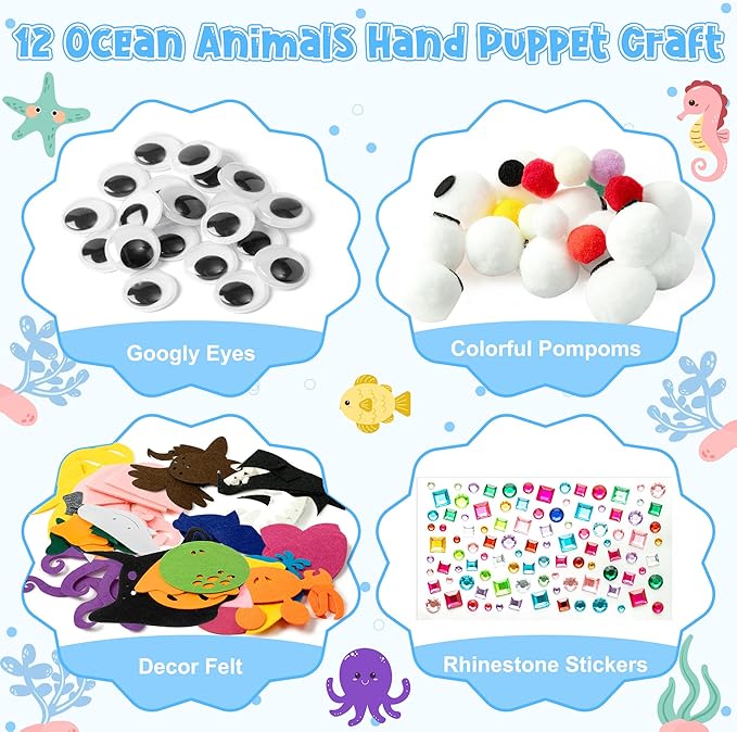 WATINC 12Pcs Hand Puppet Making Kit, Art Craft Felt Sock Puppet Toys, Creative DIY Make Your Own Pompoms Wiggle Googly Eyes Storytelling Role Play Party Supplies Gift for Girls Boys (Ocean Animals)
