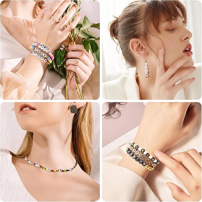 1900Pcs 7 Colors Round Letter Beads 4×7mm Acrylic Alphabet Beads with 1 Roll Elastic String for Bracelet Necklace Jewelry Making Supplies