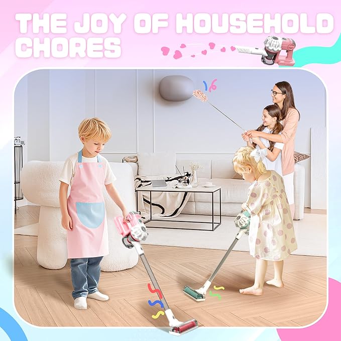 SMILESSKIDDO Kids Vacuum That Really Works - 3-in-1 Toy Vacuum with Real Suction, Apron, Cleaning Cloth, Duster & Colorful Beads, Toddler Cleaning Toy Set, Housekeeping Toy Gifts for Girls & Boys