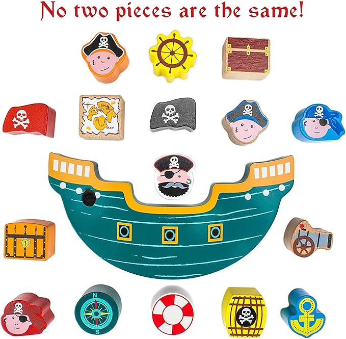 Imagination Generation Wooden Wonders Balancing Playset | Develops Dexterity, Motor Skills, Sharing Skills | Safe Wood & Paint | 18 PC Pirate Boat Playset