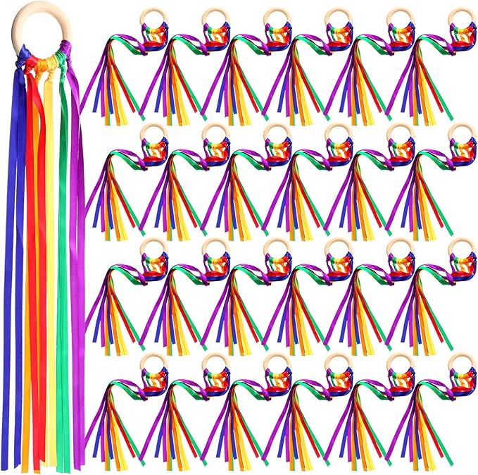 Junkin Ribbon Rings Hand Kite Waldorf Toys Dancing Wrist Ribbons Rainbow Streamers with Wood Ring Educational Toy for Playroom Dancing Birthday Party Gift(Bright Color,24 Pcs)