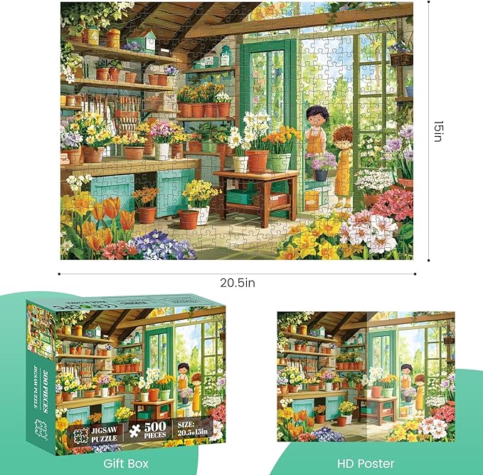 500 Piece Jigsaw Puzzles for Adults, Cozy Flower Shop with Children Puzzles for Adults, Fun and Challenging Puzzle for Family Time, Relaxing Gift for Adults, Kids, Seniors, 20.5 x 15 in