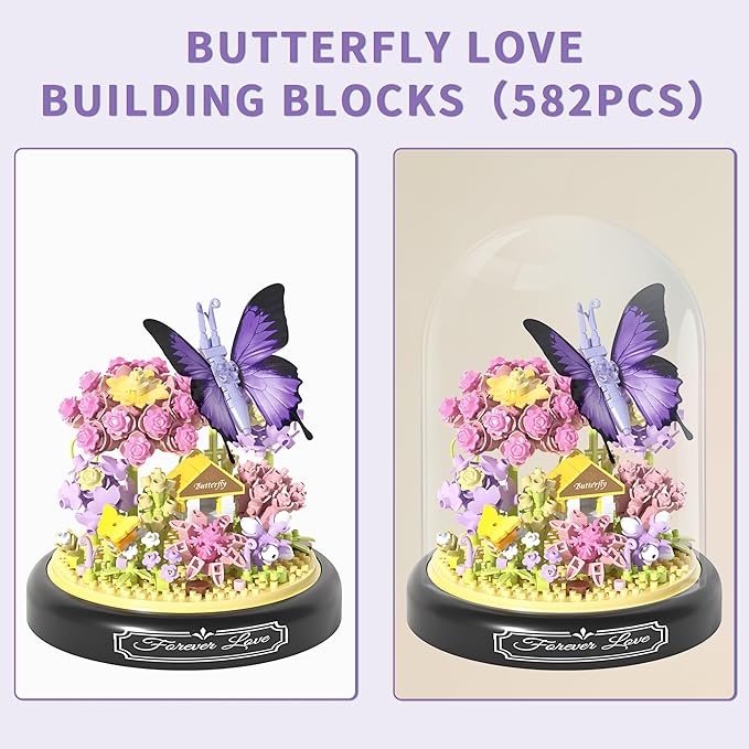 582 PCS Micro Brick Flower Butterfly Bouquet Building Sets, Animals Botanical Collection Blocks Model for Adult Toys,Home Decor and Office Art Creative Gift Women, Mom,Girl - Valentine’s Day Gift