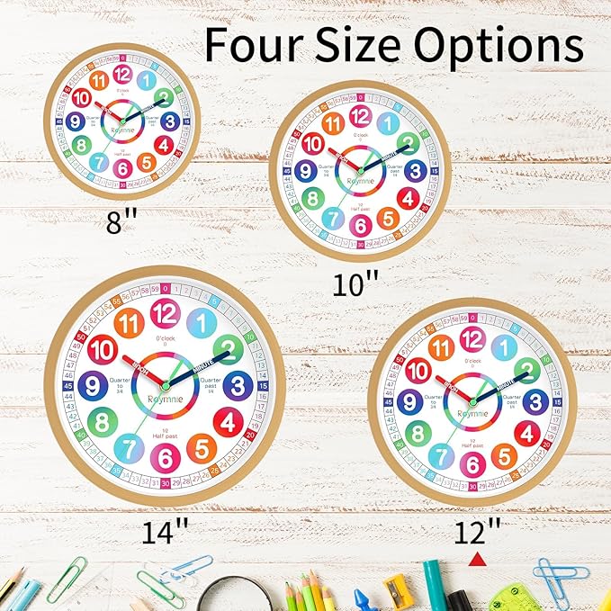 Wall Clock for Kids Learning - Teaching Time Wall Clocks Battery Operated Silent Non Ticking - Analog Colorful Clock Decorative for Kids Room Classroom School(12 Inch)