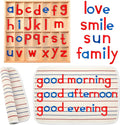 Montessori Letters Movable Wood Alphabet with Box and Large Mat Small Wooden Alphabet Letters Montessori Trays Preschool Spelling Learning Language Materials Objects, Red, Blue