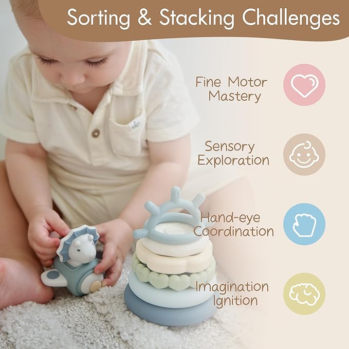 Moonkie Dinosaur Baby Stacking Toys | 7-Piece Silicone Rings for Teething Relief | Educational Toy for Infants & Toddlers 6 Months+ | Baby Shower or Birthday Gift for Boys