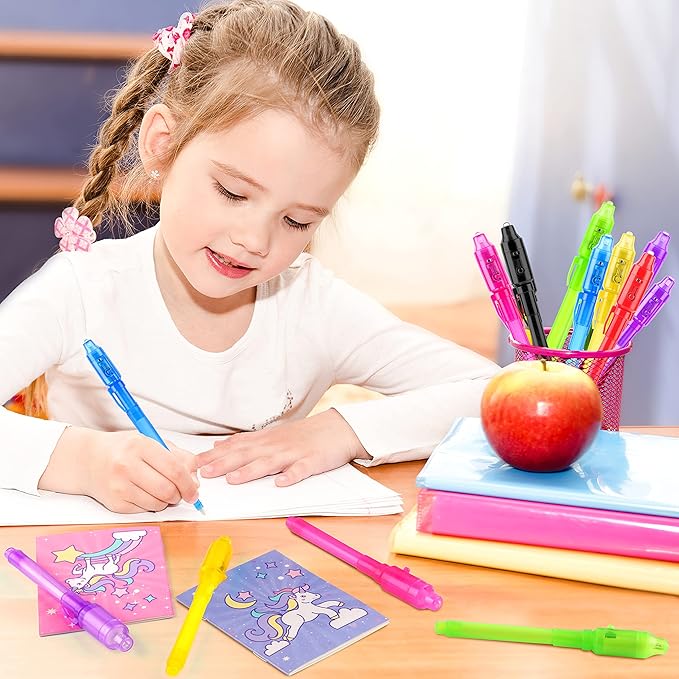 GIFTINBOX Unicorn Party Favors for Kids 4-8, 24Pack Invisible Ink Pen and Notebook, Invisible Ink Spy Pen with UV light for Kids, Classroom Prize Goodie Bag Stuffers Unicorn Toys for Kids Girls