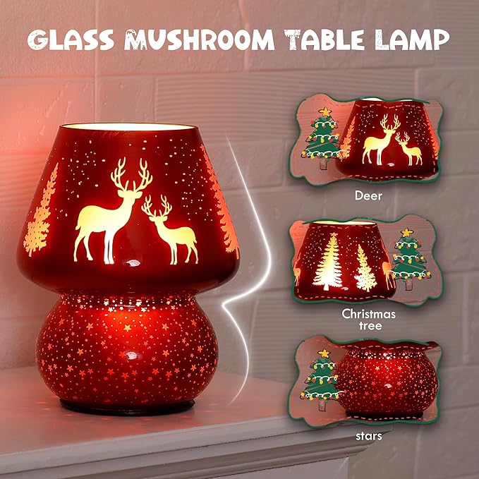 Christmas Battery Operated Mushroom Lamp - Vintage Small Table Lamp with Timer, Cordless Bedside Nightstand Lamp, Glass Battery Powered Lamp for Bedroom Kitchen Living Room Decor Aesthetic