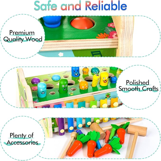 6-IN-1 Wooden Montessori Toys for 1 Year Old, Mole-Tapping Game | Play the Xylophone | Frog Clock | Carrot Harvest Game | Spinning Gear, Toddler Toys Aged 1-4, Baby Toy Gift for Early Learning