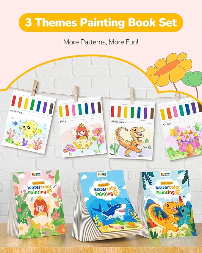 TECJOE 3 Pack Paint with Water Coloring Books for Toddlers, Watercolor Paint Set with 6 Brushes, Painting Activity for Kids Ages 4 5 6 7 8, Christmas Gift Arts & Crafts Toy, Princess, Dinosaur & Sea