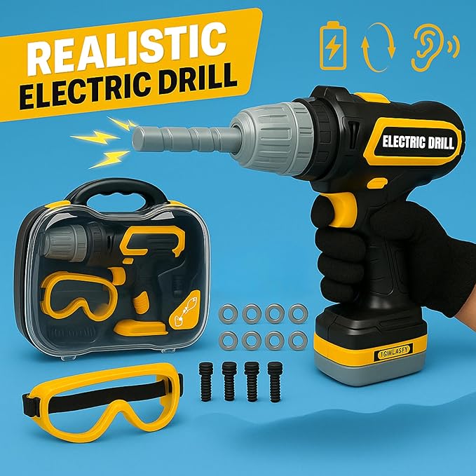 Kids Tool Set with Carrying Case, Electronic Toy Drill with Bits & Construction Vest – Pretend Play Kit with Safety Googles, Gas Shield, Tape Measure, Saw, Bubble Level, Screwdriver, Nuts & Bolts