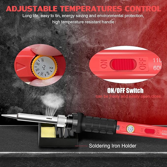 Soldering Kit, 60W Soldering Iron, 110V Welding Kit with Ceramic Heater, Portable Solder Irons with 5pcs Extra Tips, Stand, Solder Tube, Sponge, for Electronic Repair